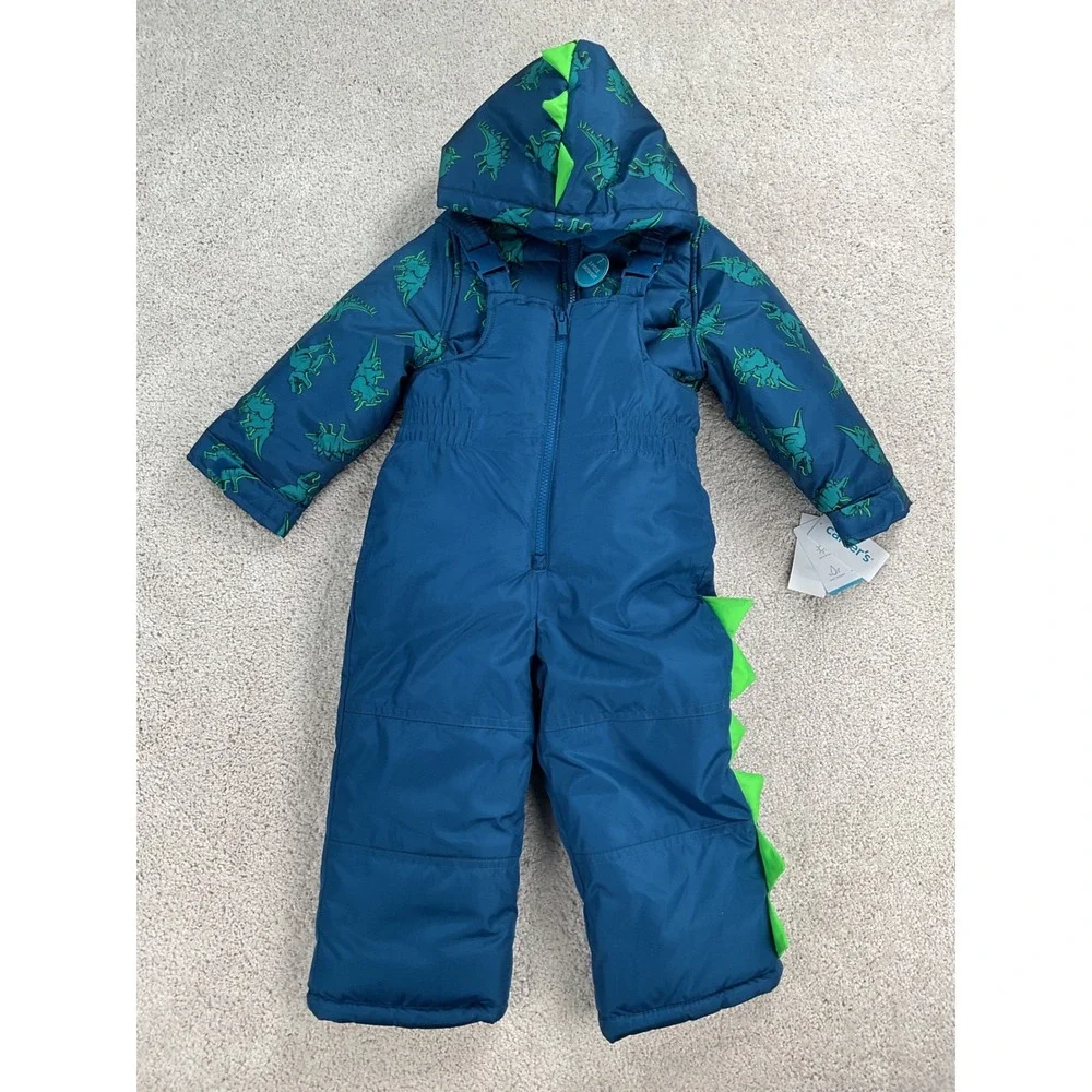 Carters Toddler Boys 2-Piece Dinosaur Snowsuit Teal Blue Puffer‎ Jacket Bibs 3T